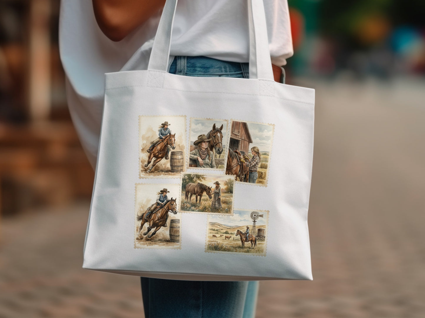 Tote bag with six framed country scenes of cowboys, horses, and farms.