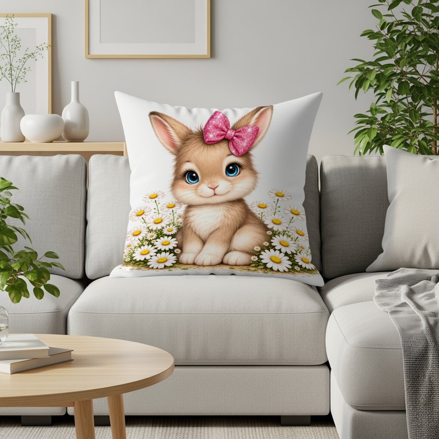 Fluffy bunny with pink bow on cushion surrounded by daisies.