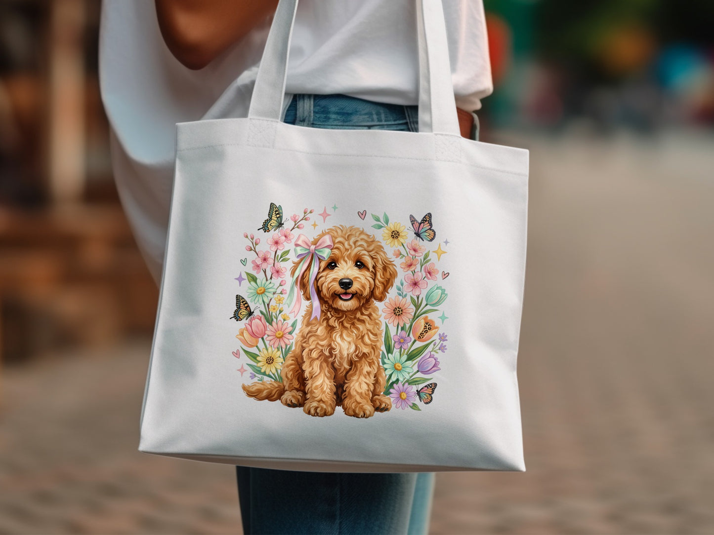 Goldendoodle puppy with flowers and butterflies on a white tote bag.