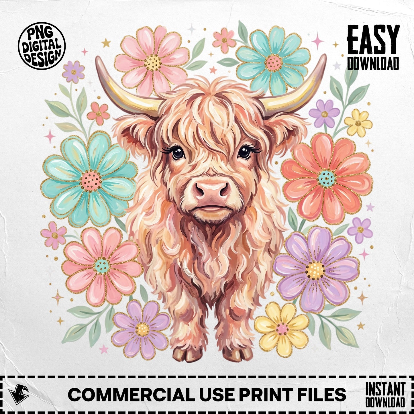 Highland cow with colorful flowers and "Easy Download" text.