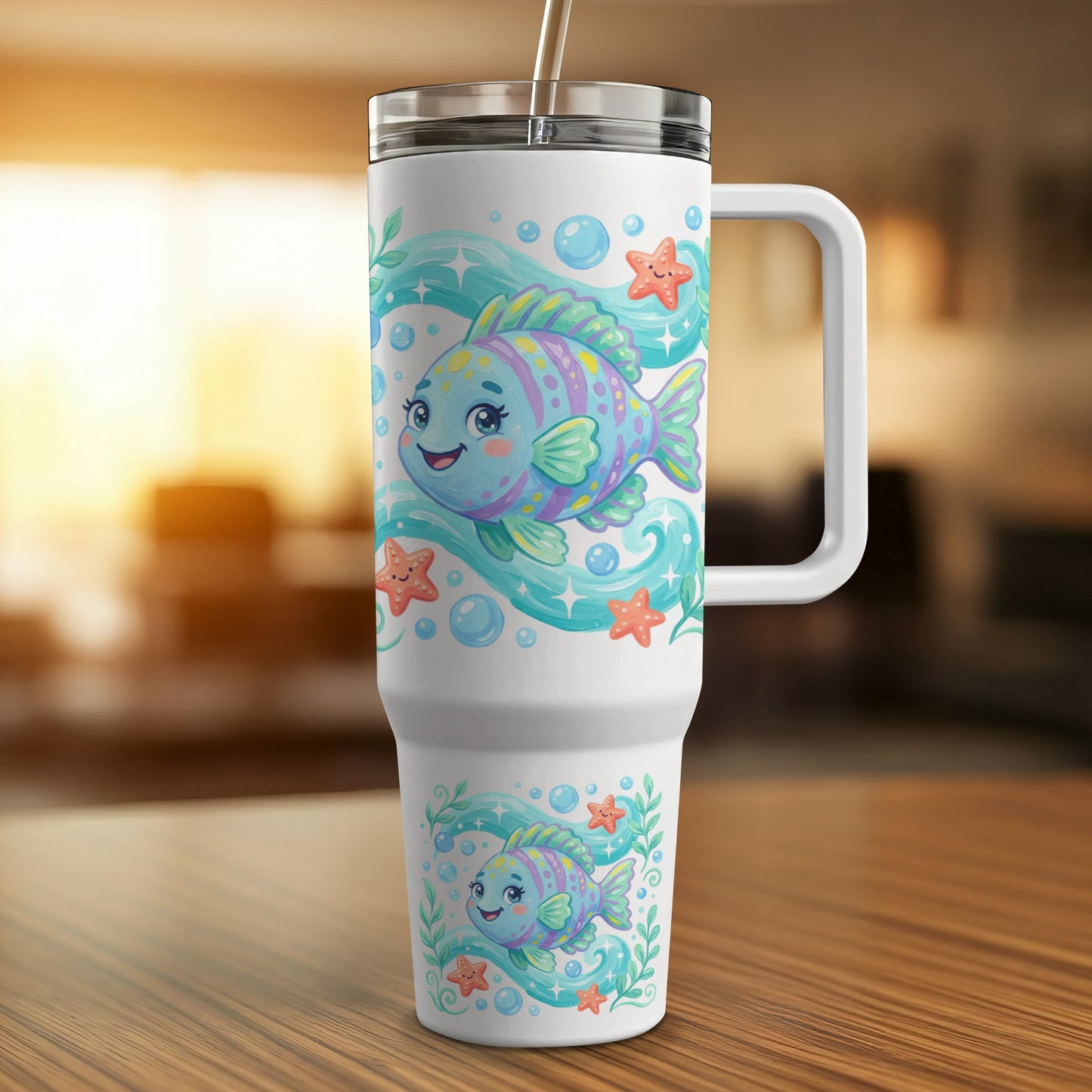 White travel tumbler with cartoon fish, bubbles, and starfish design.