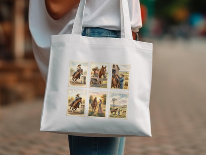 Tote bag with six framed illustrations of cowboy and horse scenes.