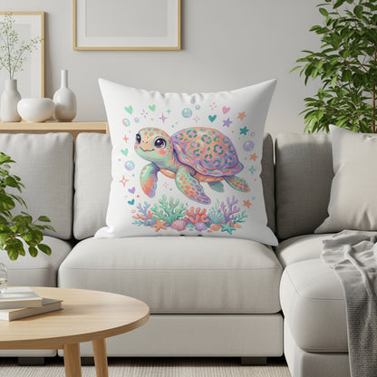 Decorative pillow with a cute cartoon sea turtle surrounded by colorful shells and hearts.