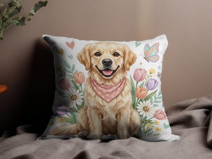 Golden Retriever wearing a bandana sits with flowers and a butterfly.
