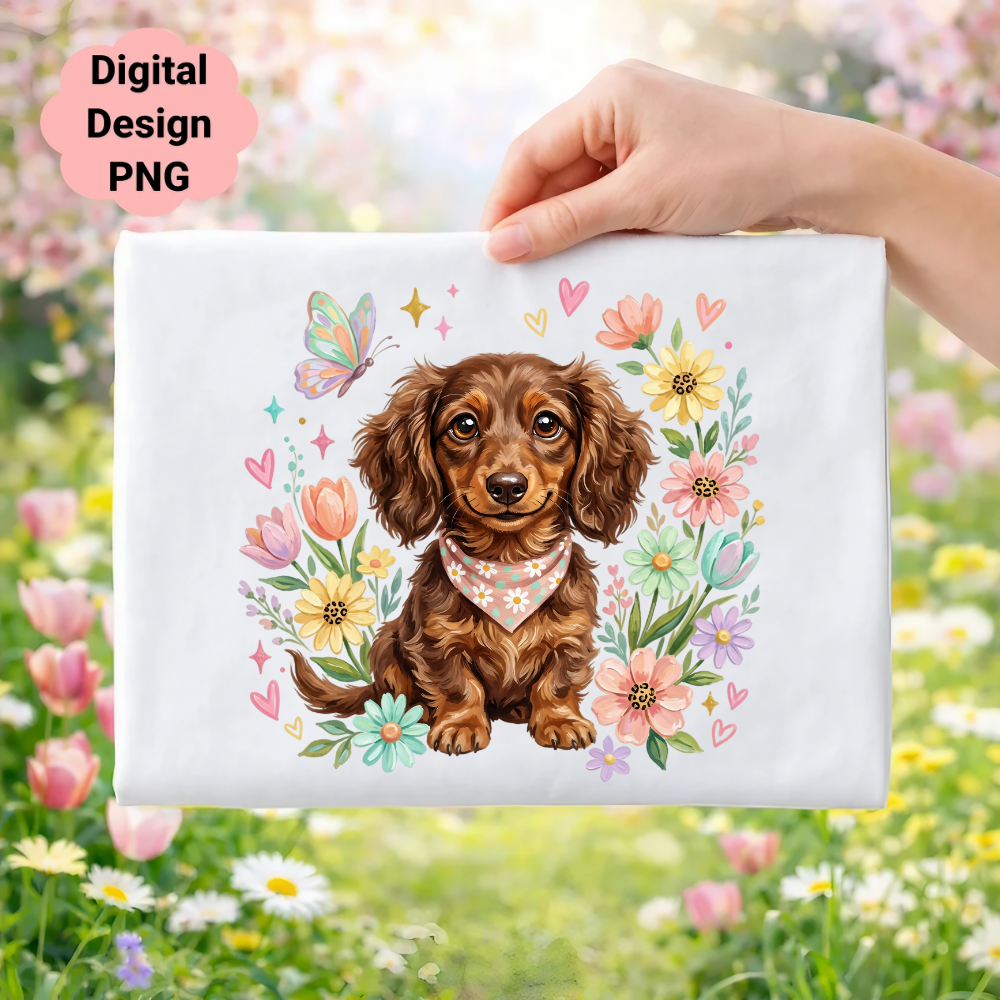 Dachshund puppy with flowers and butterfly, digital design PNG.