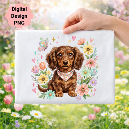 Dachshund puppy with flowers and butterfly, digital design PNG.