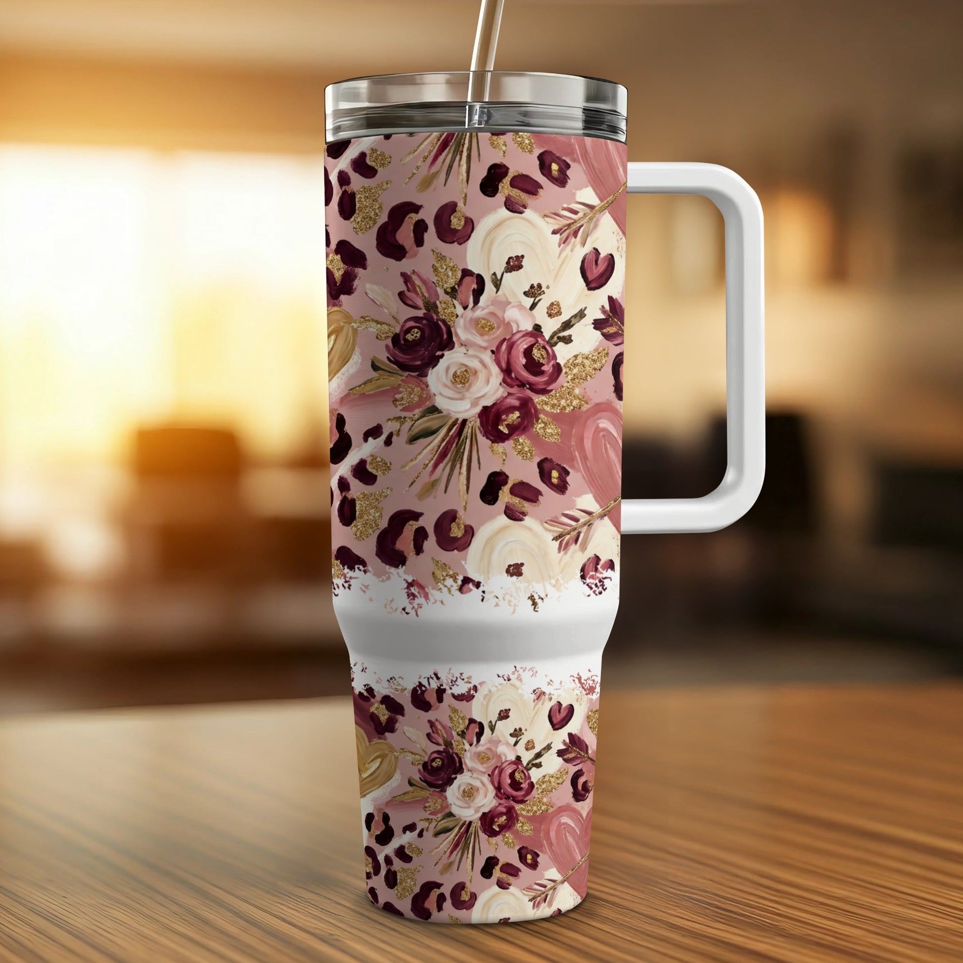 Floral and leopard print tumbler with handle and straw.