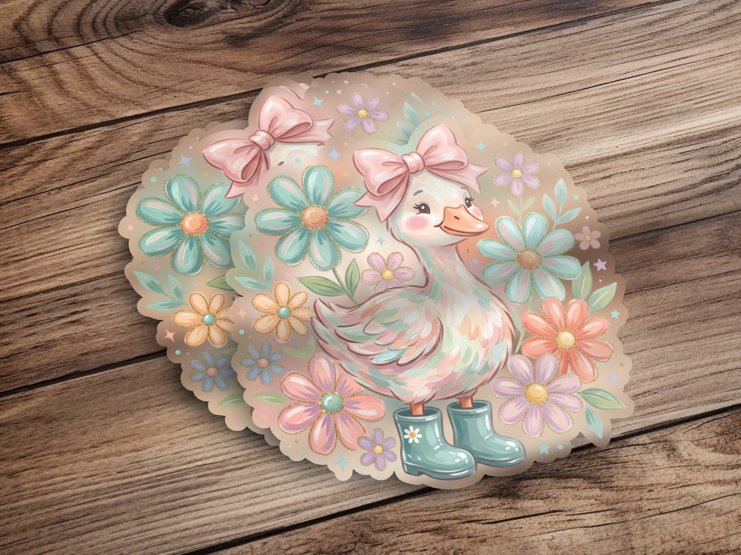 Cute duck wearing blue boots and a pink bow, surrounded by flowers.