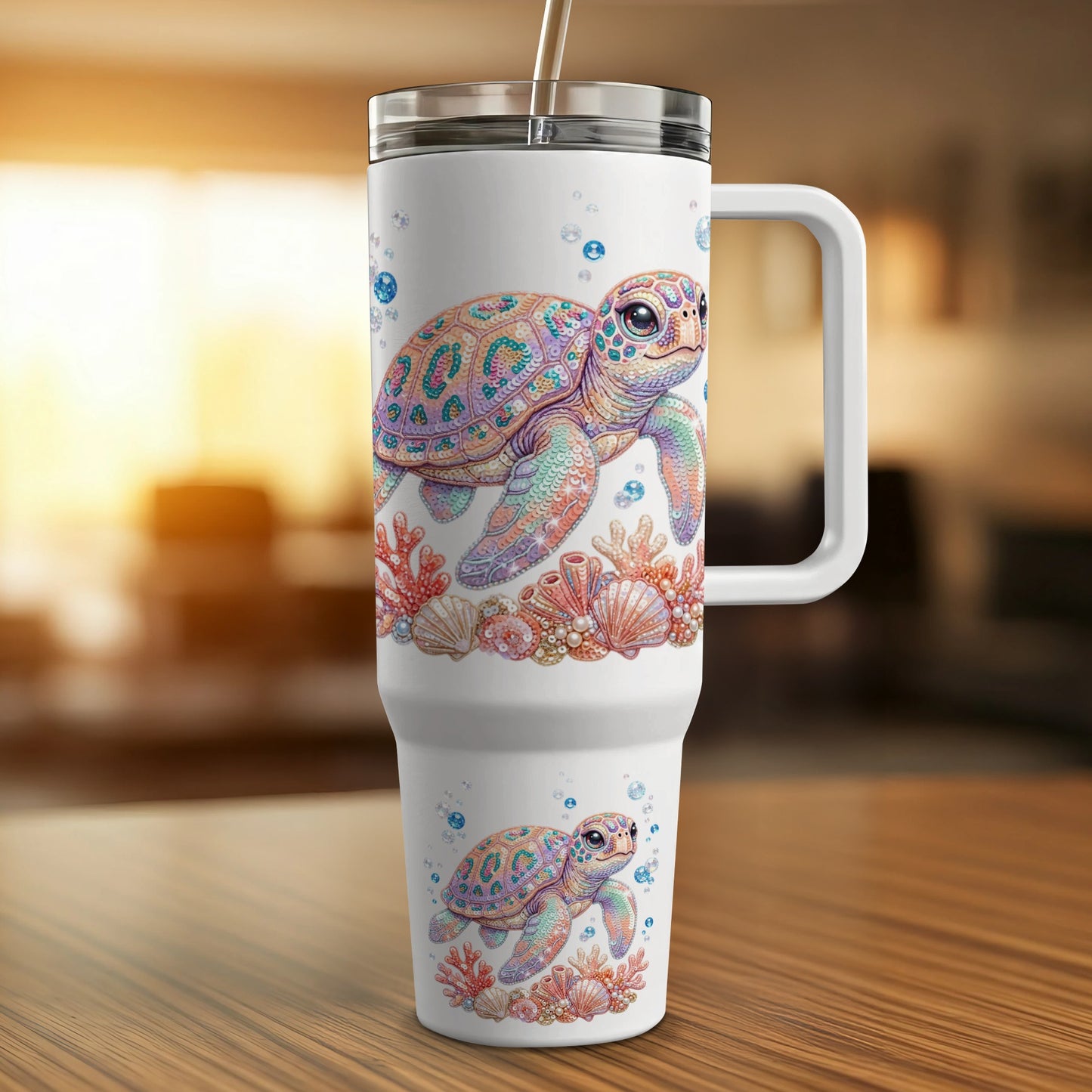 White tumbler with sea turtles and coral graphics, 30 oz capacity.