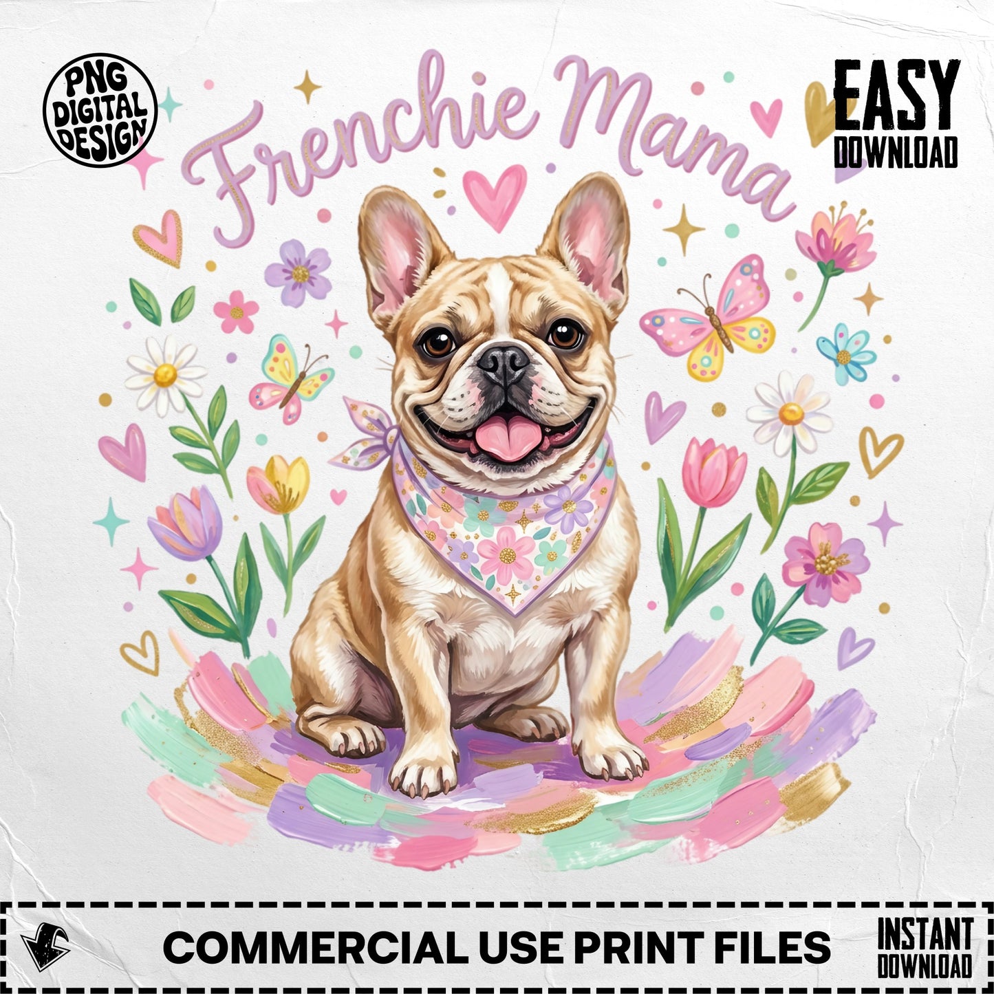 French bulldog wearing bandana, surrounded by flowers and butterflies.