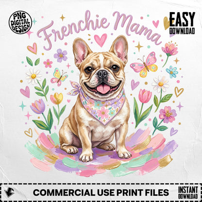 French bulldog wearing bandana, surrounded by flowers and butterflies.