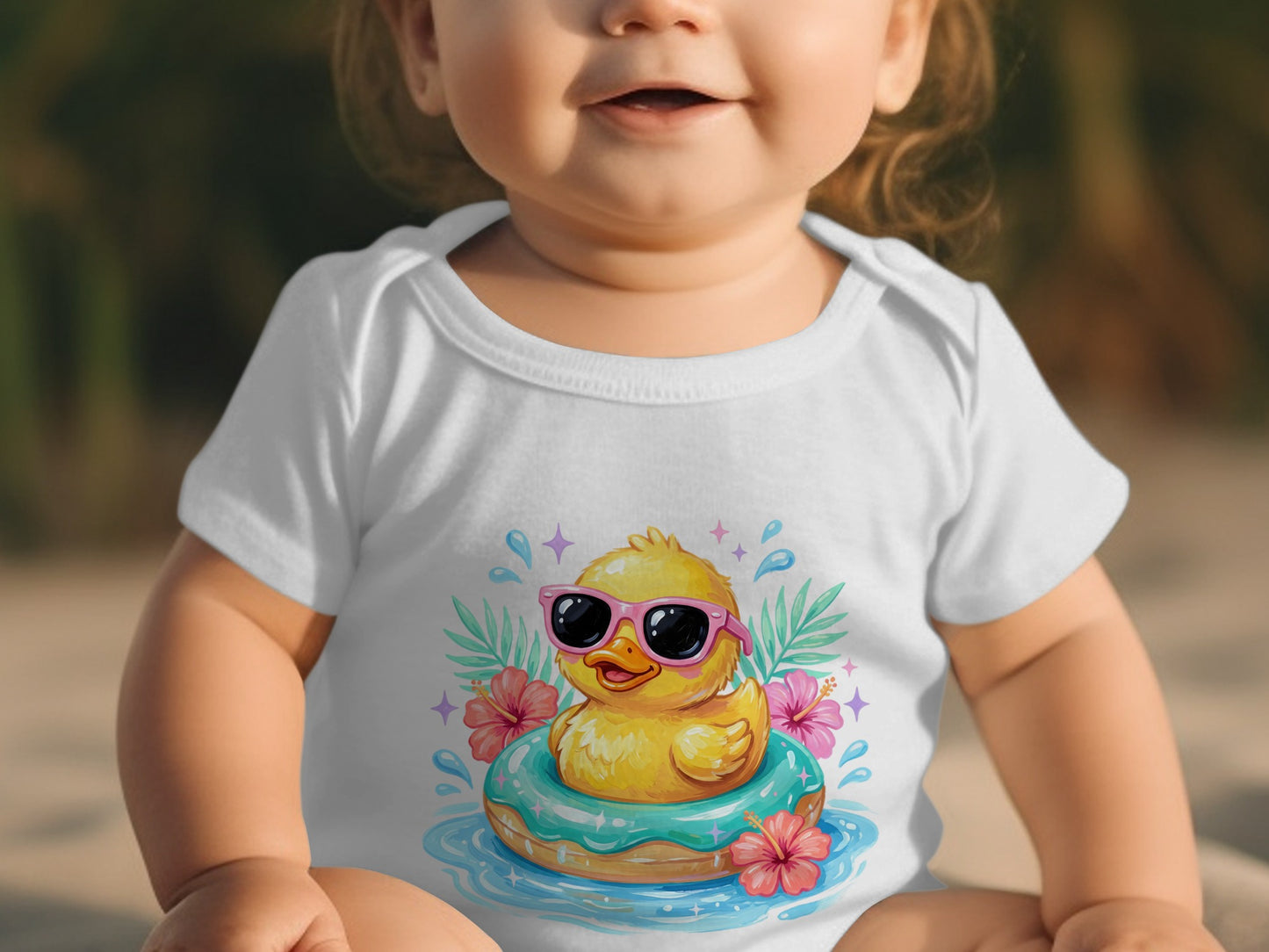 Baby in a white onesie with a cartoon duck wearing sunglasses in a float.