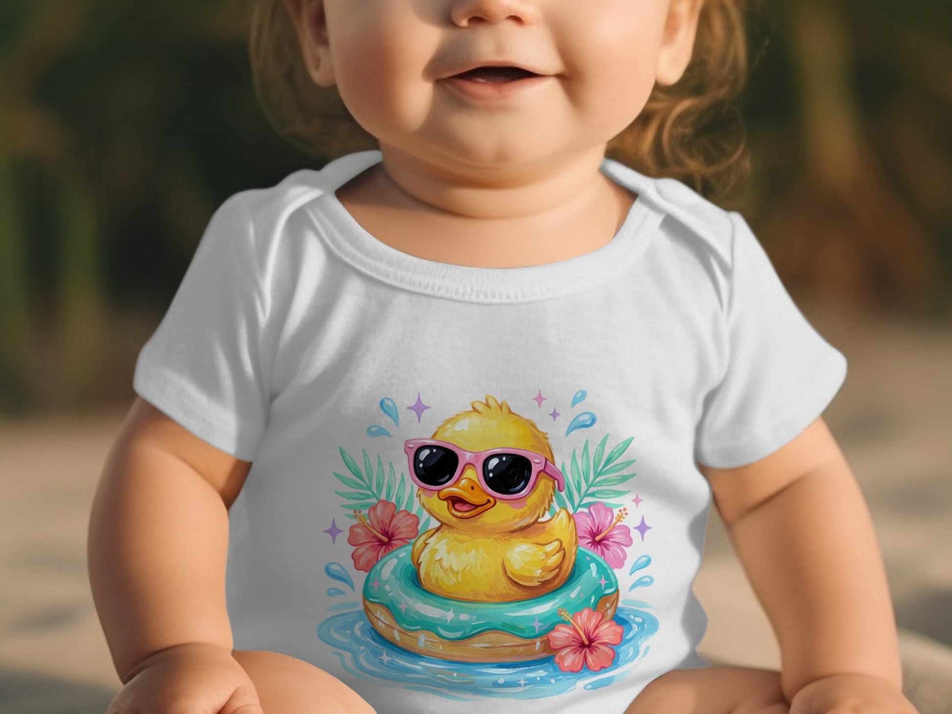 Baby in a white onesie with a cartoon duck wearing sunglasses in a float.
