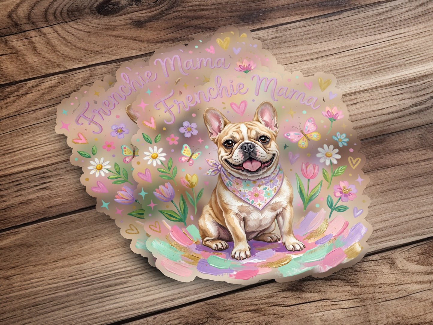 French bulldog wearing bandana with "Frenchie Mama" text and flowers.