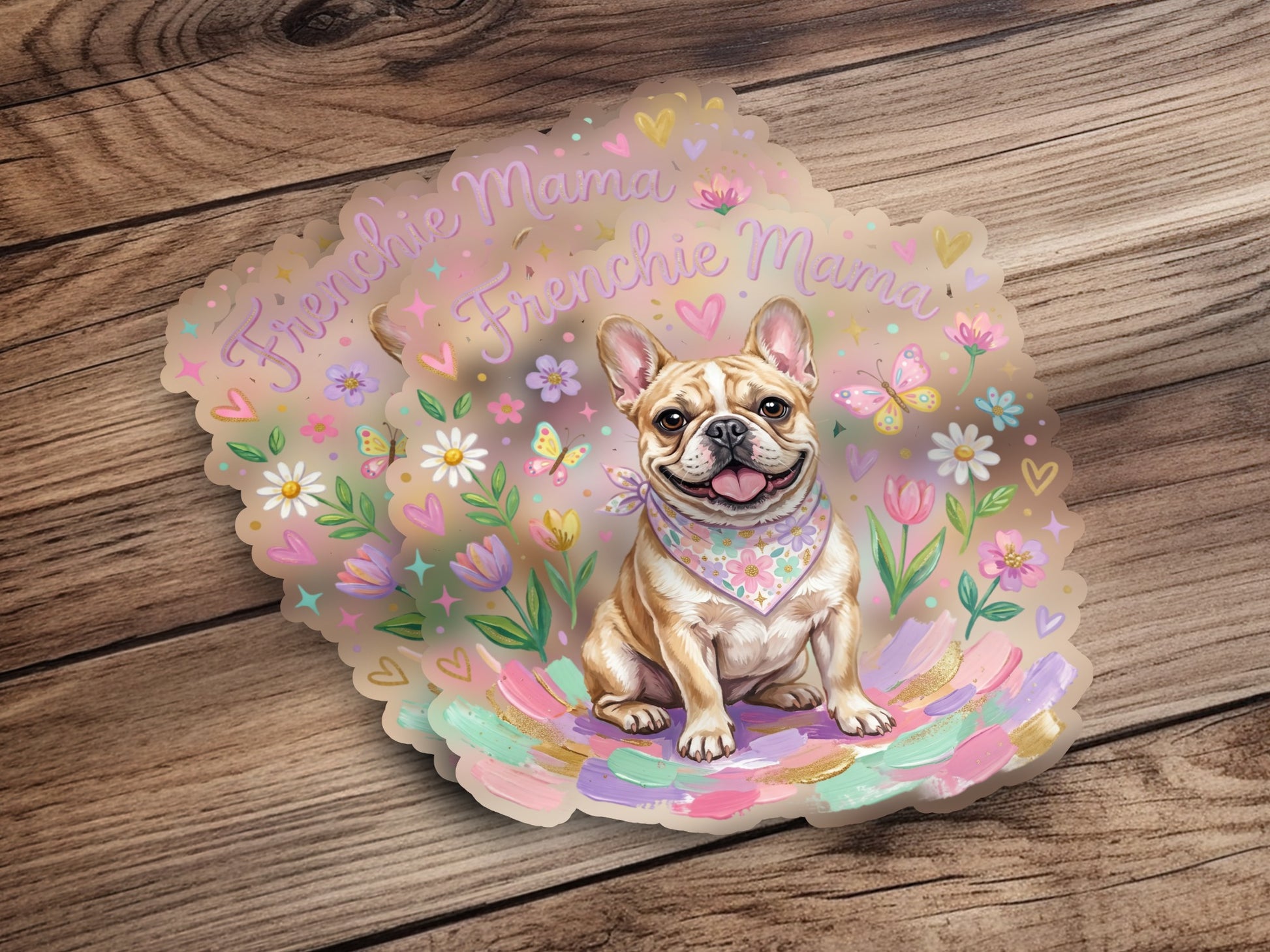 French bulldog wearing bandana with "Frenchie Mama" text and flowers.