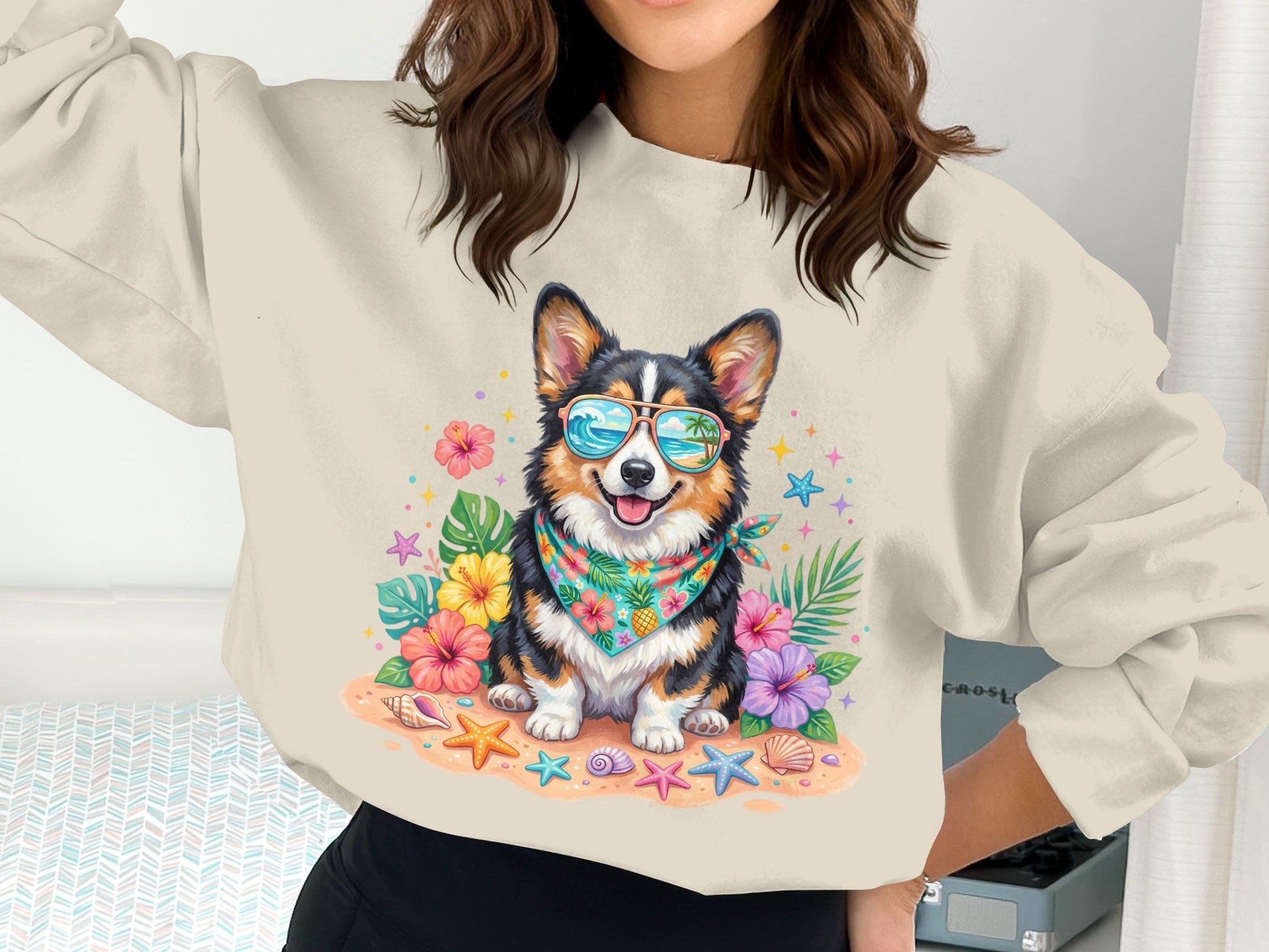 Corgi wearing sunglasses and bandana on a beach with flowers and shells.