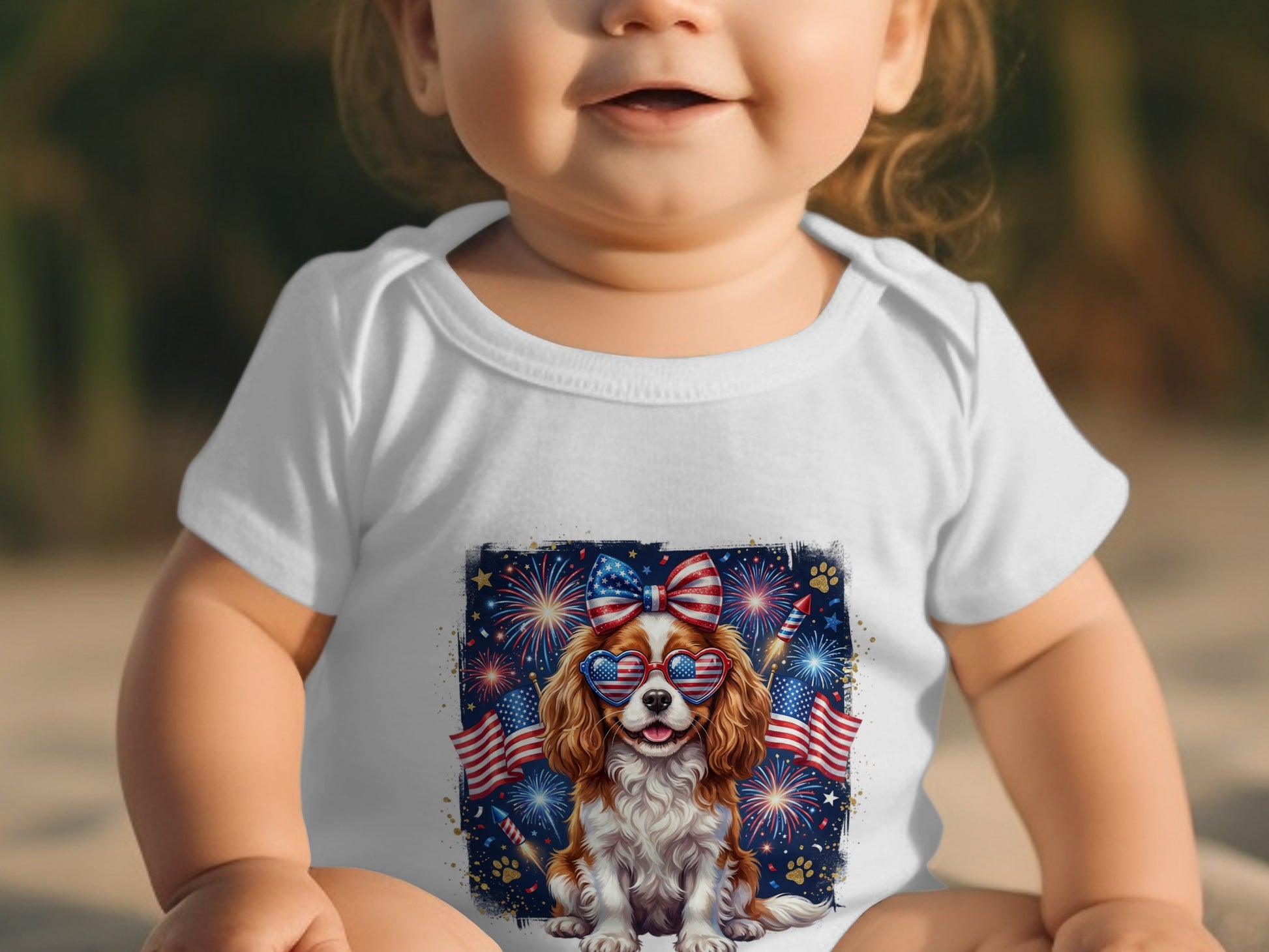 Baby wearing a white onesie with a patriotic dog graphic.