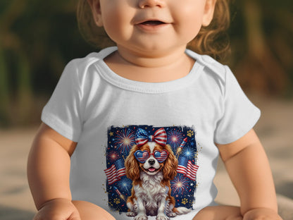 Baby wearing a white onesie with a patriotic dog graphic.