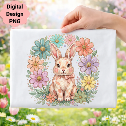 Easter bunny with floral wreath, digital design PNG.