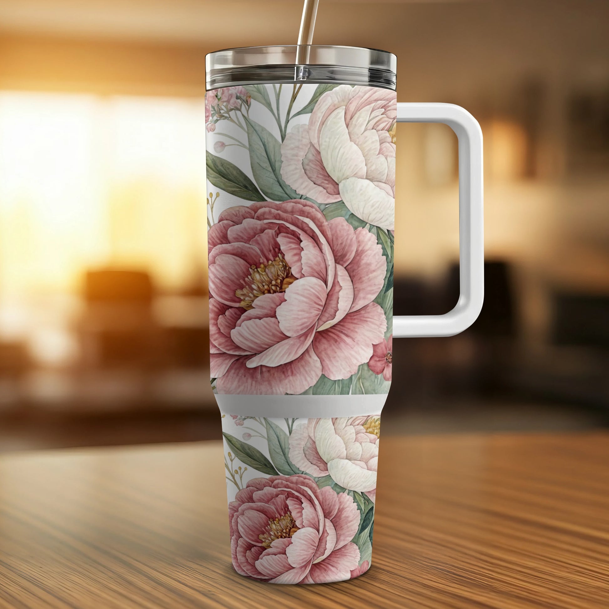 30 oz tumbler with handle, featuring a floral pattern of pink and white peonies.