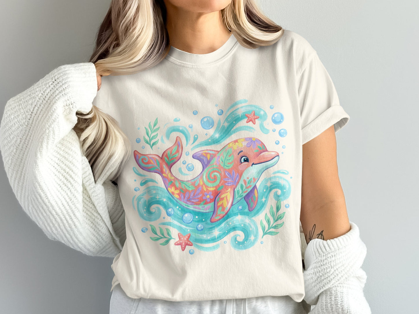Colorful dolphin with floral pattern swimming in water, with starfish and leaves.