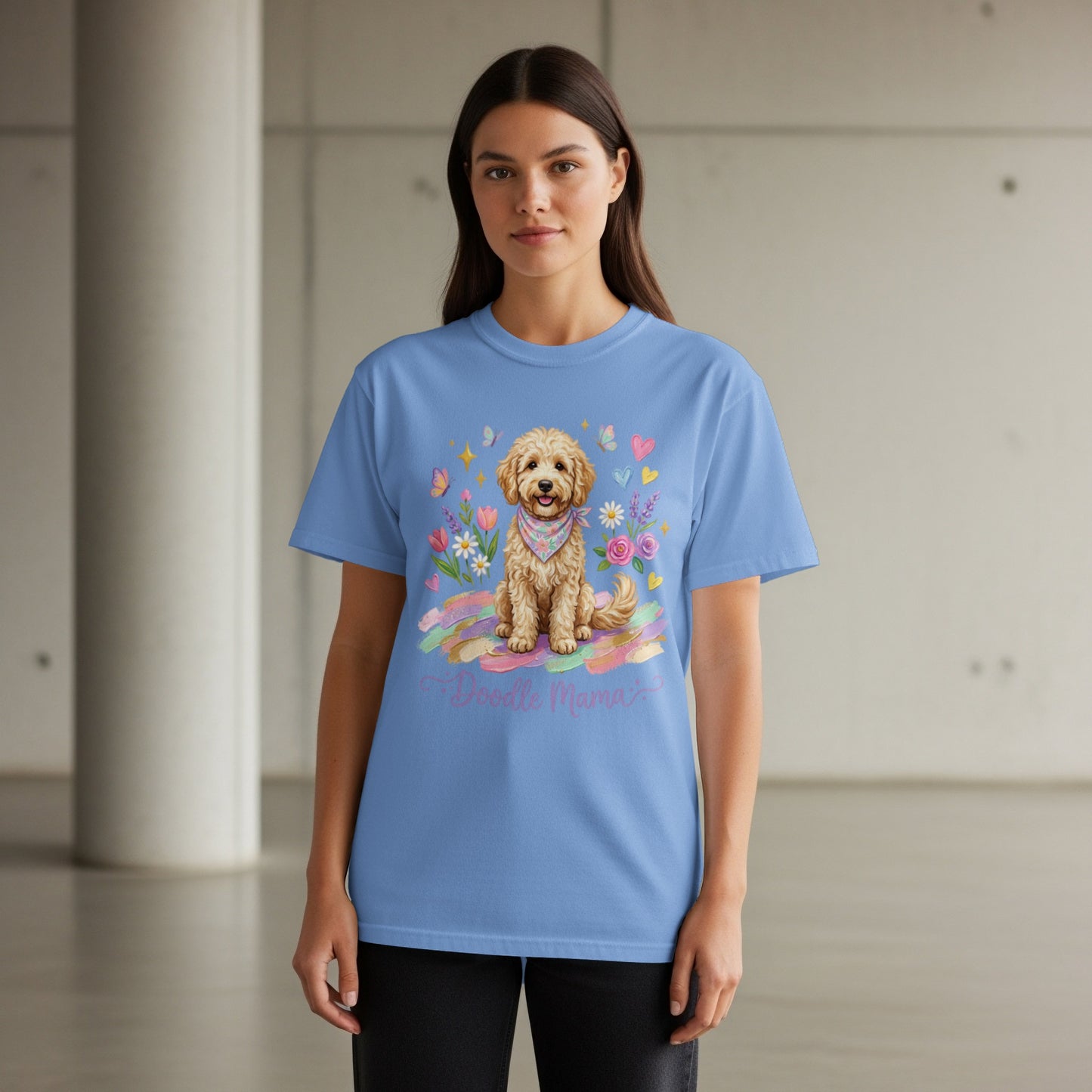 Blue t-shirt with a cartoon doodle dog and "Doodle Mama" text.