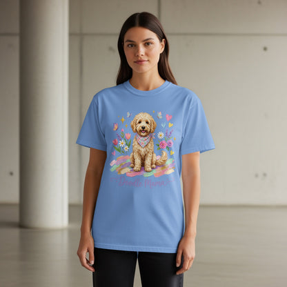 Blue t-shirt with a cartoon doodle dog and "Doodle Mama" text.
