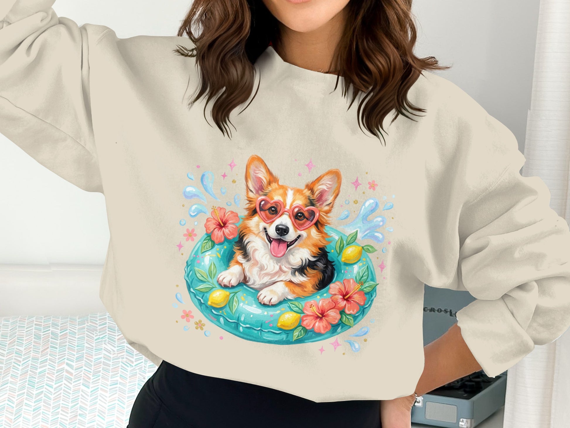 Corgi wearing heart sunglasses in a pool float with flowers and lemons.