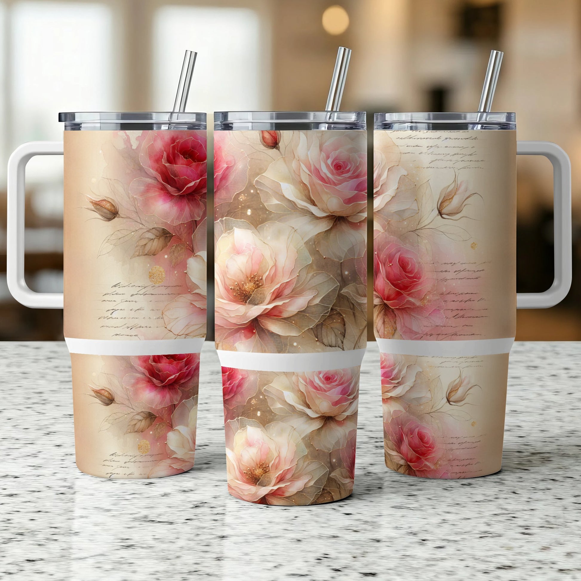 Three tumblers with a floral design featuring pink and white roses and script.
