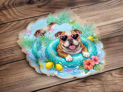 Bulldog in a pool float wearing heart sunglasses with tropical leaves and flowers.