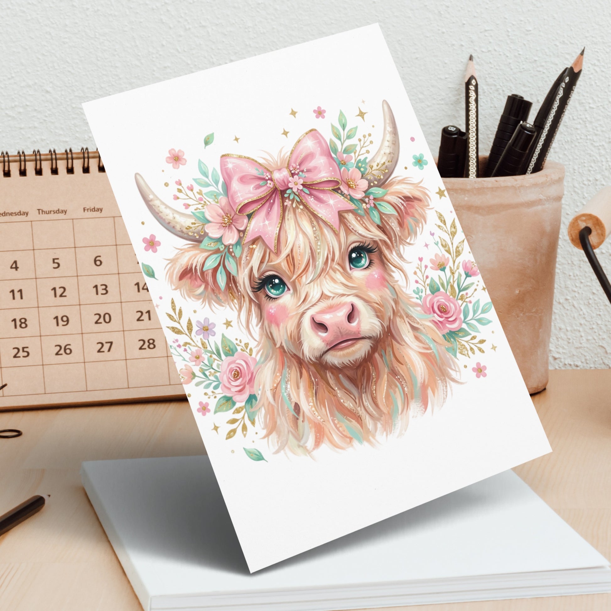 Watercolor highland cow with floral accents and pink bow on card.