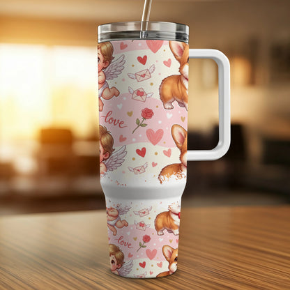 Cup with cupid, hearts, envelopes, and corgi dog pattern.