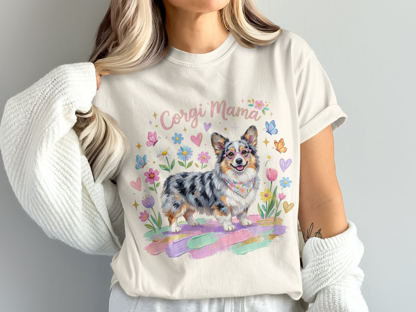 Corgi Mama t-shirt with watercolor corgi and flowers.