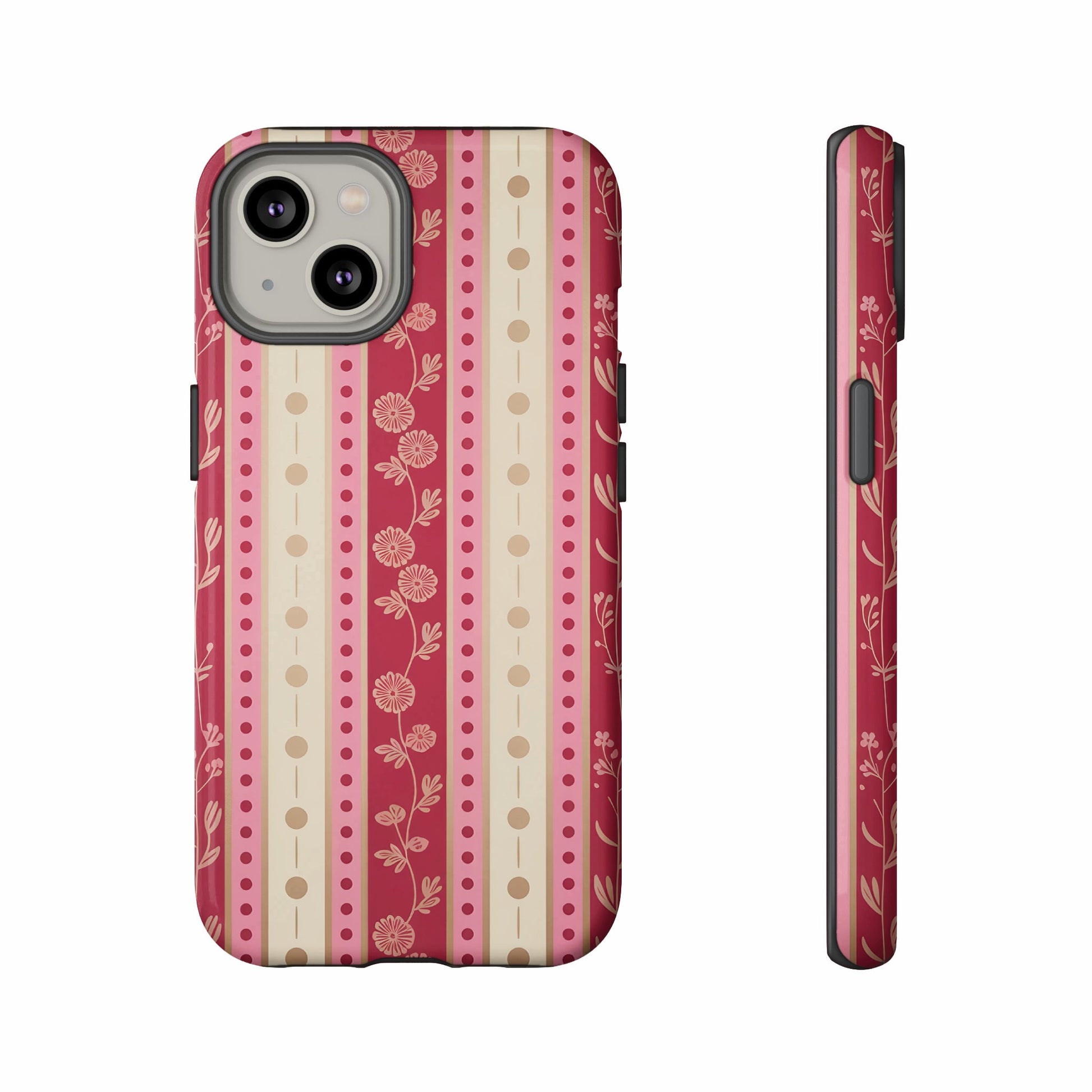 Red, tan, and pink floral stripe phone case, front and side view.