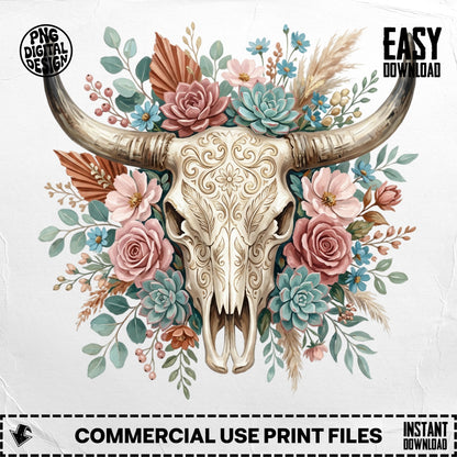 Bull skull with floral arrangement, "Easy Download", "Commercial Use Print Files" text.