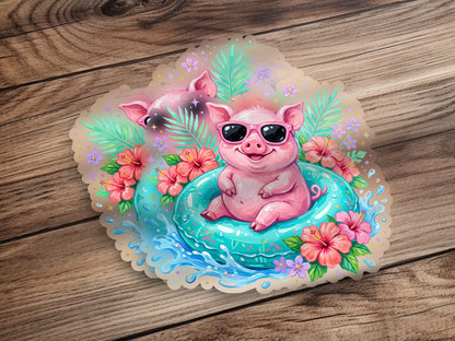 Cartoon pig wearing sunglasses floats in a tropical inner tube.