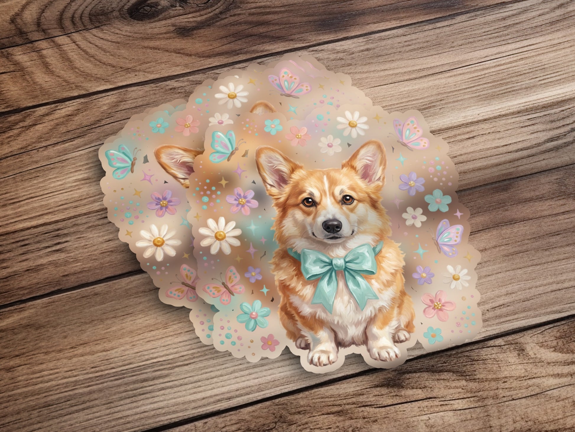 Corgi with blue bow tie surrounded by pastel flowers and butterflies.