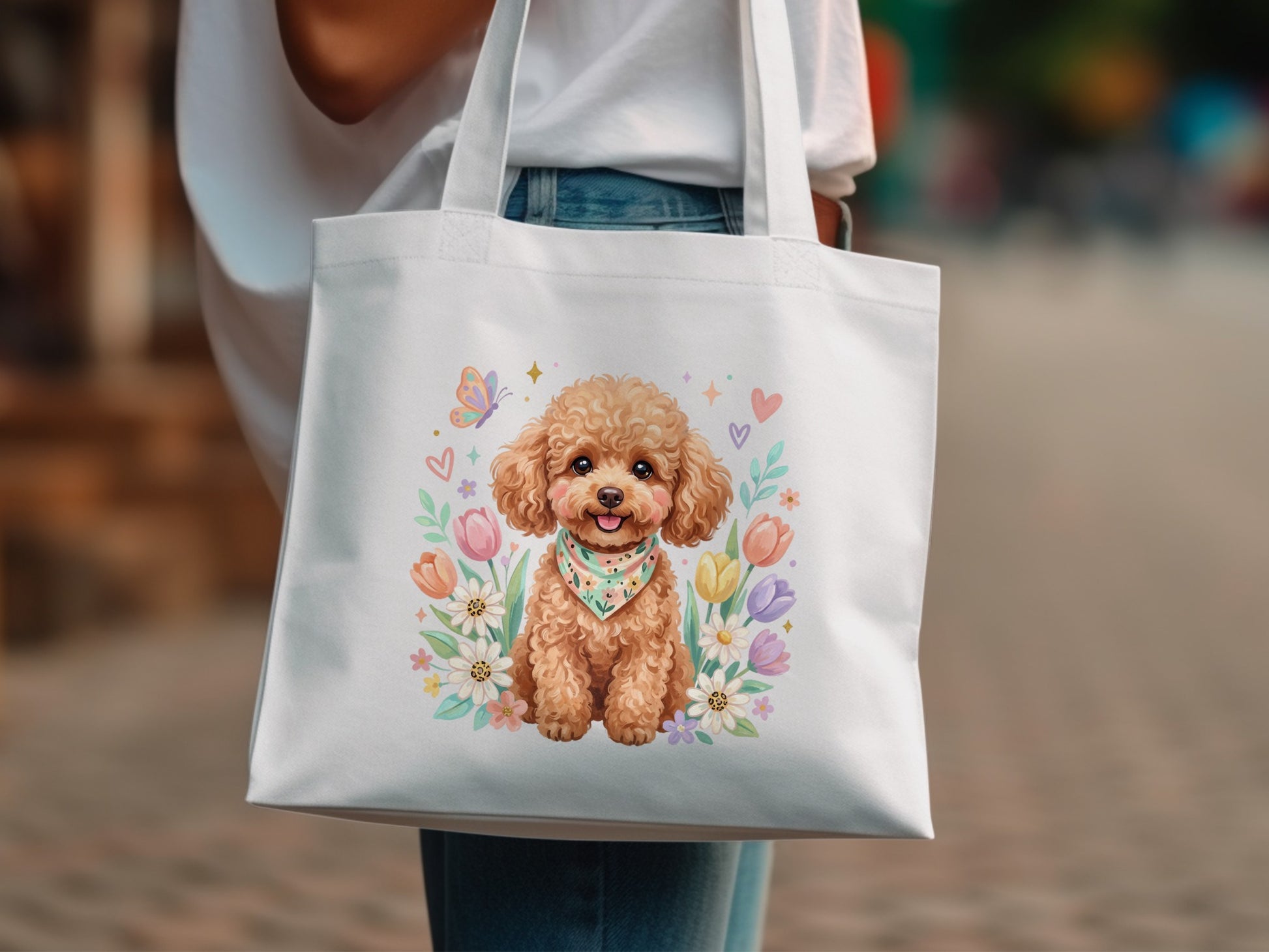 White tote bag with a cartoon poodle and floral design.