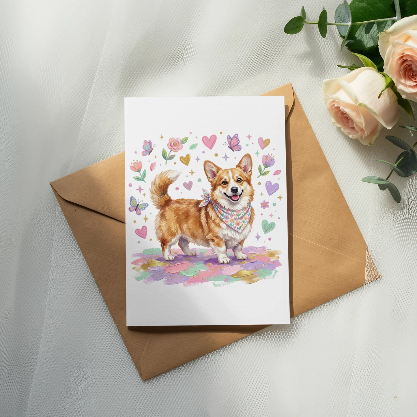 Card with a corgi wearing a bandana surrounded by flowers and butterflies.