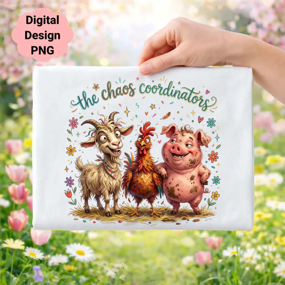 Three cartoon farm animals: goat, chicken, and pig, with "the chaos coordinators" text.