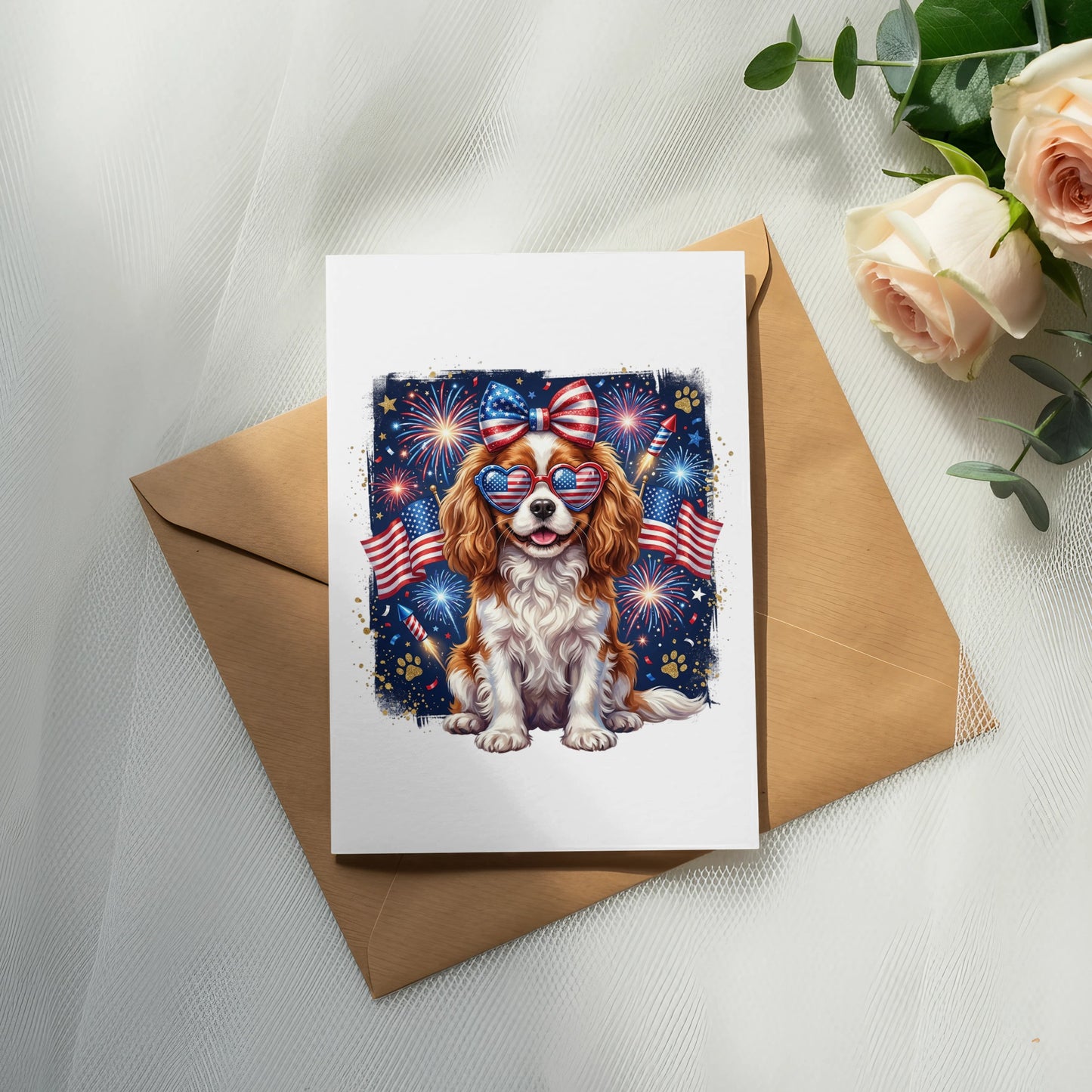 Cavalier King Charles Spaniel wearing heart-shaped sunglasses and a bow, with fireworks and flags.