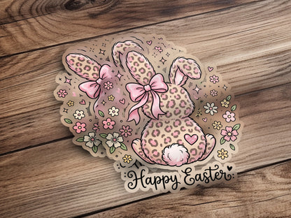 Two leopard print Easter bunnies with flowers and "Happy Easter" text.