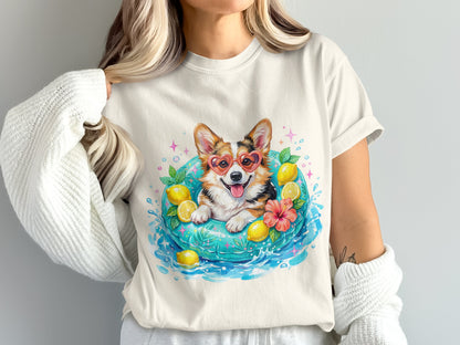 Corgi wearing heart sunglasses in a lemon-themed inner tube.