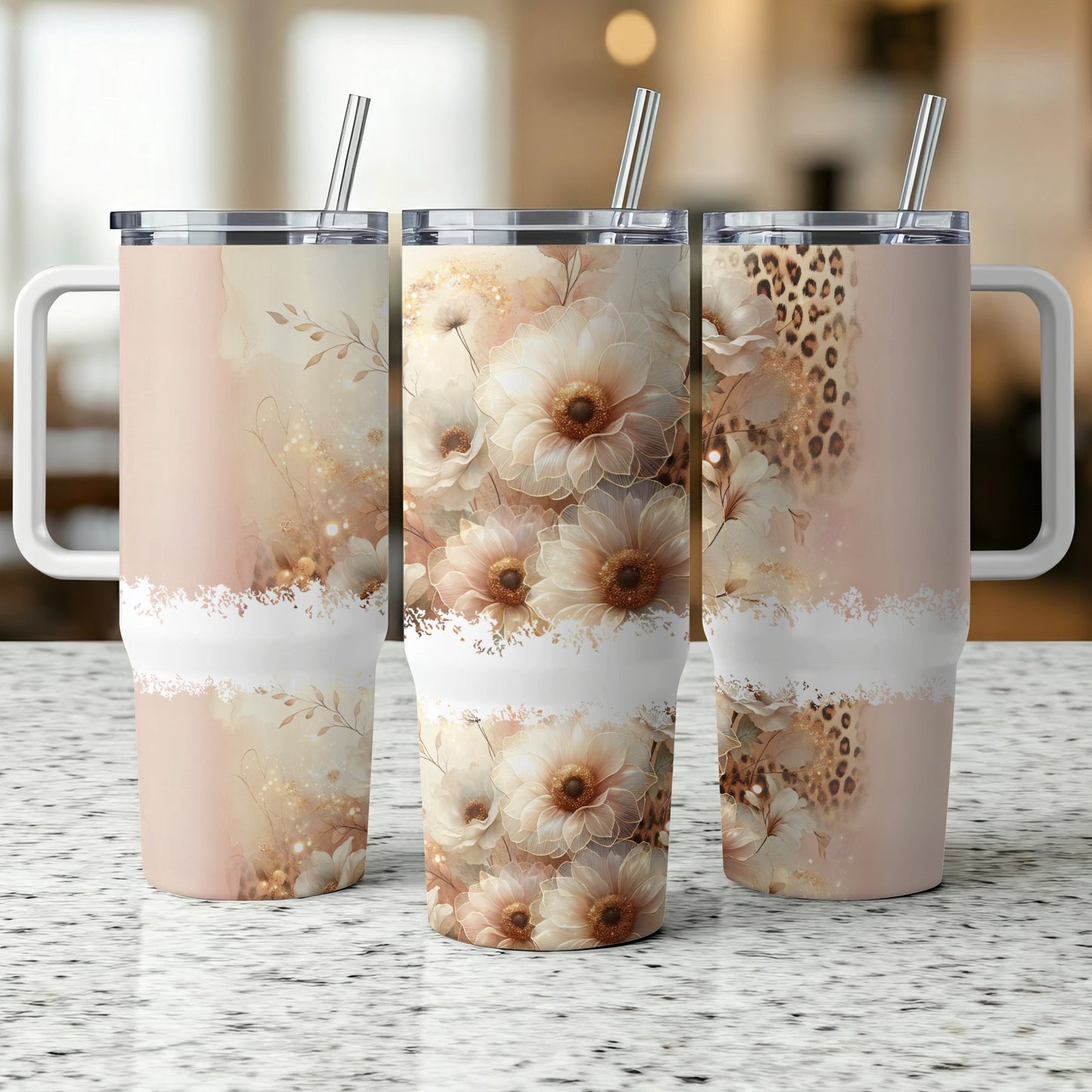 Three tumblers with floral and leopard print designs.