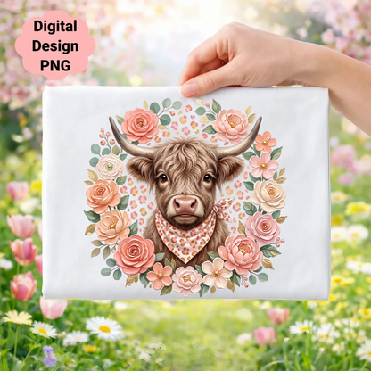 Highland cow with flowers and bandana, digital design PNG.