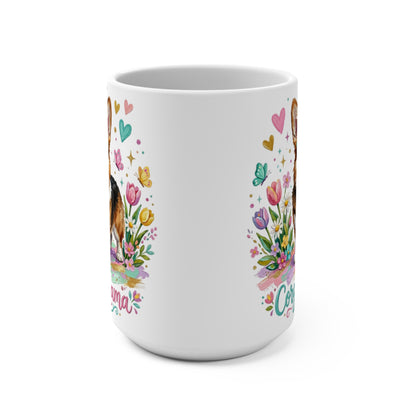 White mug with colorful dog and floral design, featuring "Cor...mama".