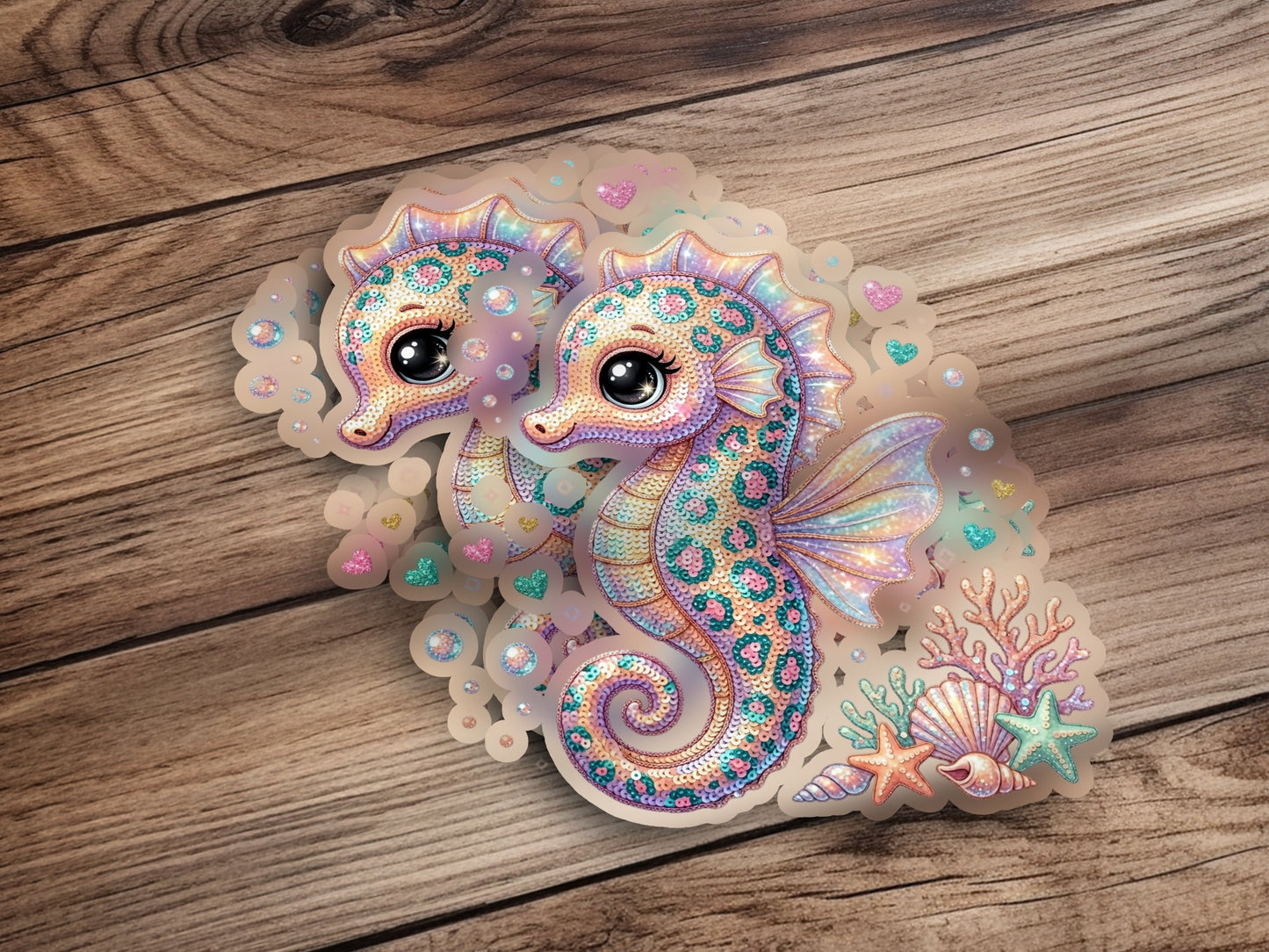 Two glittery seahorses surrounded by coral and starfish.