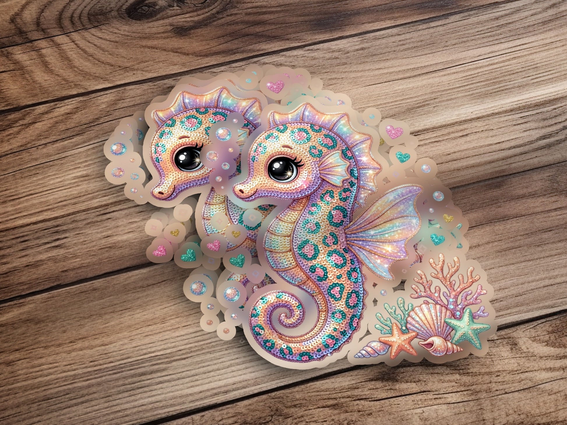 Two glittery seahorses surrounded by coral and starfish.