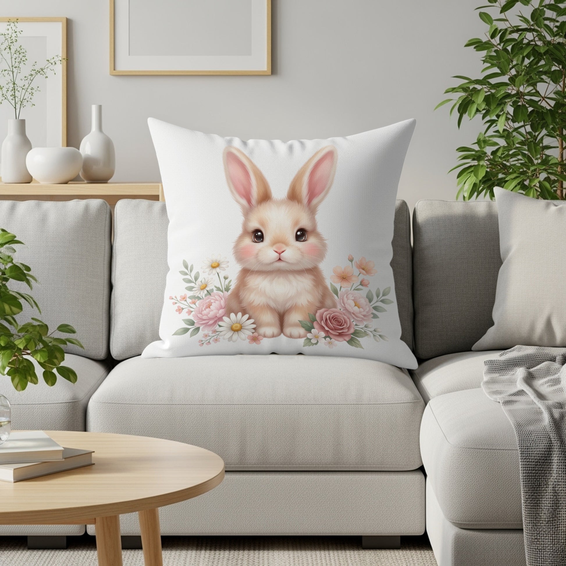 Fluffy bunny sitting amidst floral blooms on a white throw pillow.