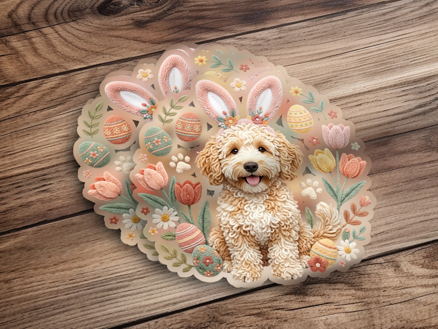 Fluffy dog with Easter bunny ears surrounded by colorful eggs and flowers.